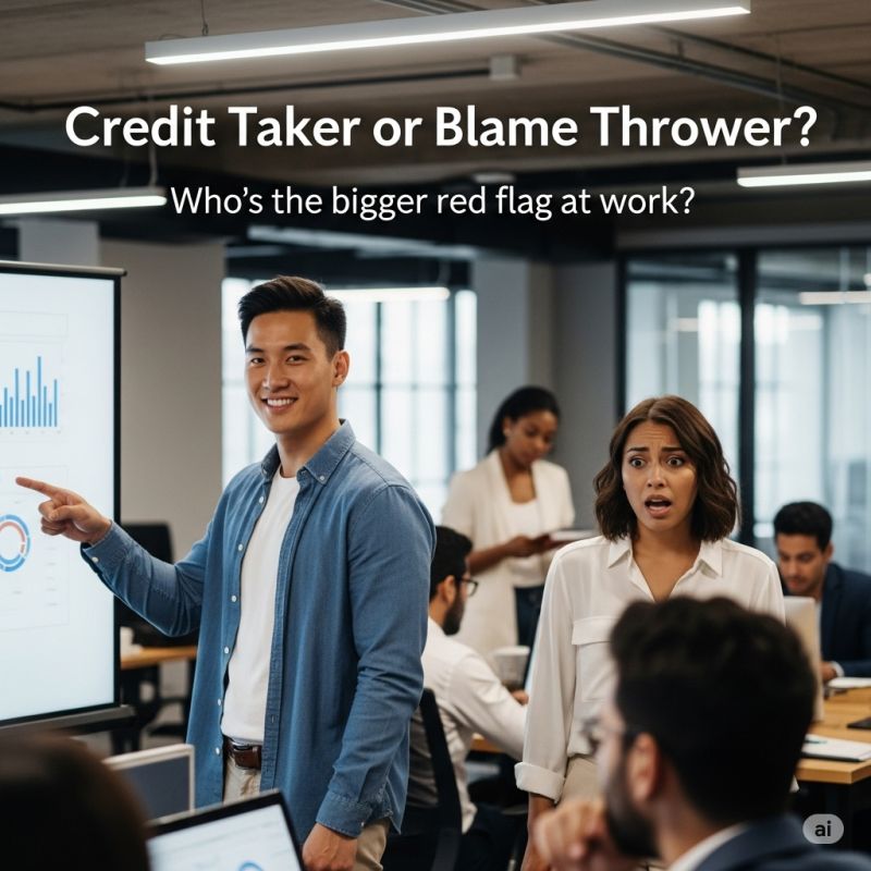 Credit Grabber or Blame Thrower - red flags at the Workplace office - blankpixels